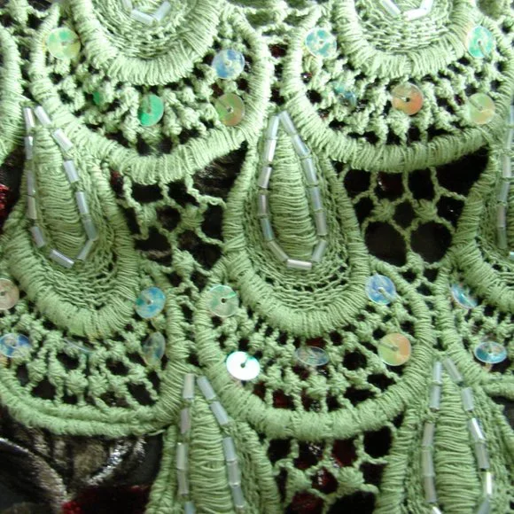 Floral Velvet Burn Out Burgundy Green Lace Dress L - Picture 6 of 16